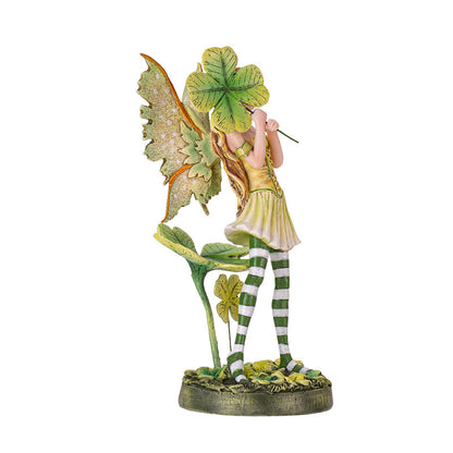 Lucky Clover Fairy Figurine with Striped Stockings and Emerald Wings