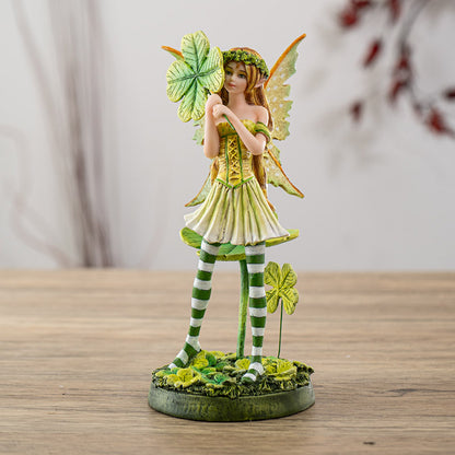 Lucky Clover Fairy Figurine with Striped Stockings and Emerald Wings