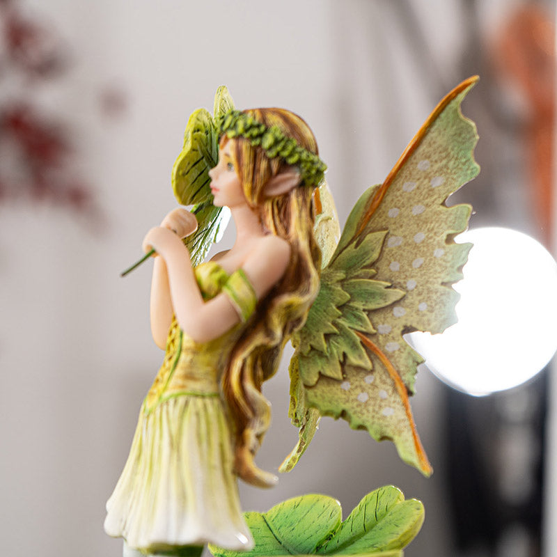Lucky Clover Fairy Figurine with Striped Stockings and Emerald Wings