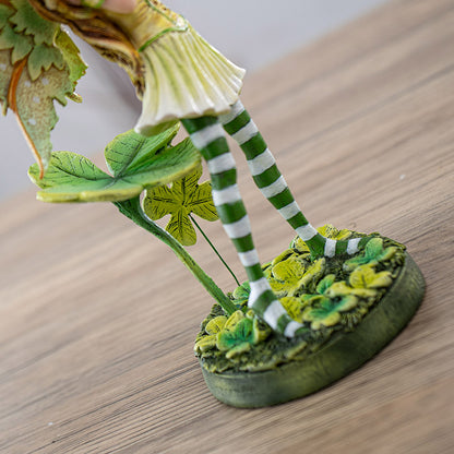 Lucky Clover Fairy Figurine with Striped Stockings and Emerald Wings