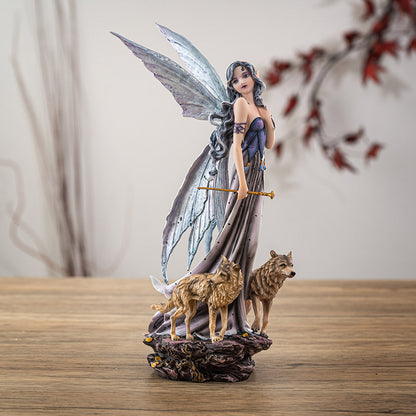Moonlight Fairy with Glittering Wings and Guardian Wolves