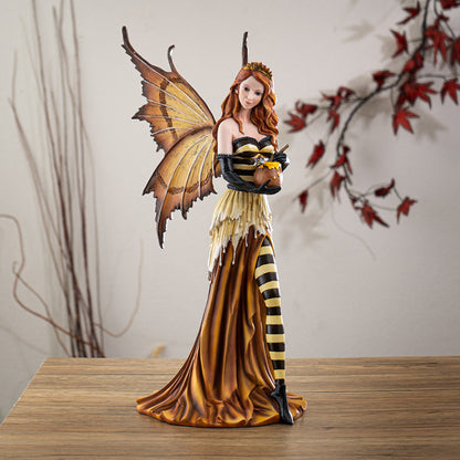 Royal Queen Bee Fairy Figurine with Golden Crown Honeycomb Wings and Honey Pot