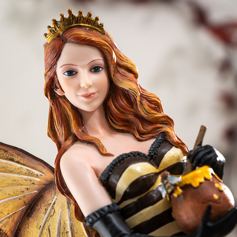 Royal Queen Bee Fairy Figurine with Golden Crown Honeycomb Wings and Honey Pot