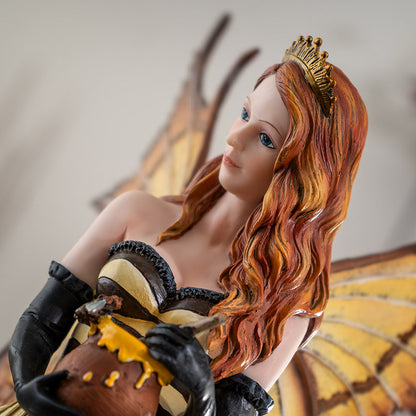 Royal Queen Bee Fairy Figurine with Golden Crown Honeycomb Wings and Honey Pot