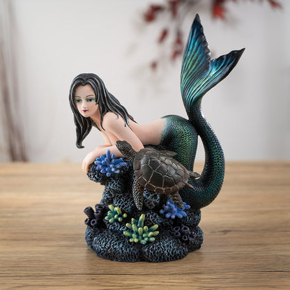 Gothic Mermaid Figurine with Sea Turtle and Coral