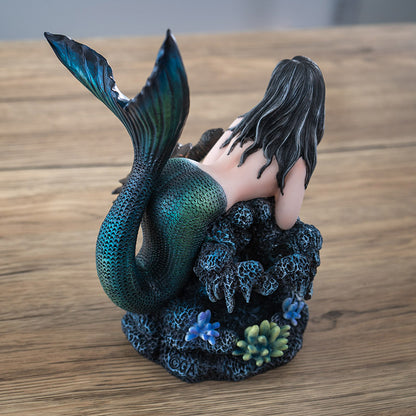 Gothic Mermaid Figurine with Sea Turtle and Coral