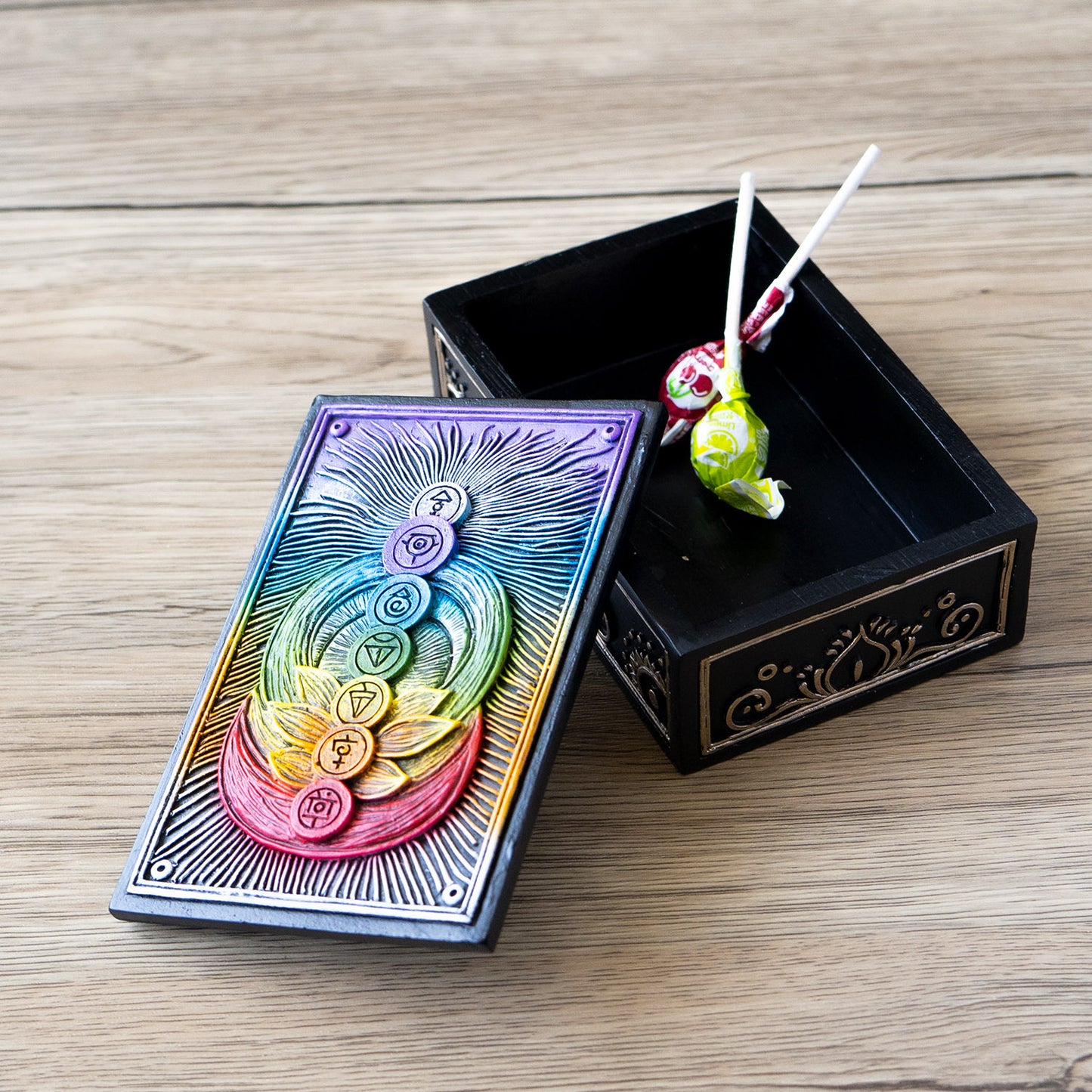 Chakra Rainbow Tarot Box with Vibrant Seven Chakra Symbols