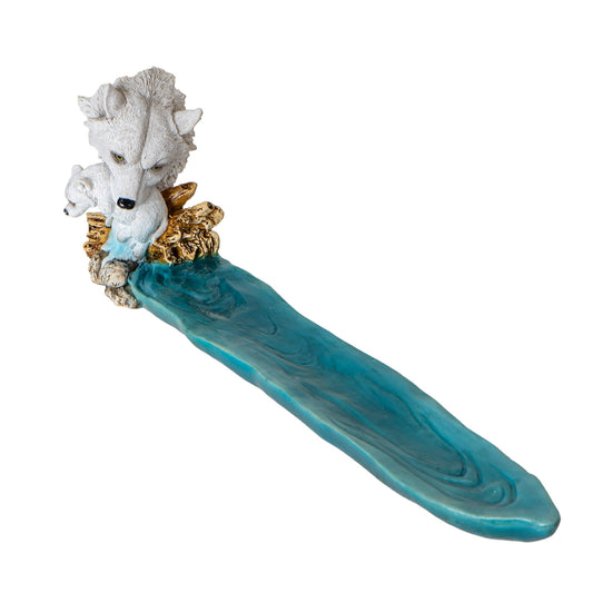 White Wolf and Pup 11.1" Long Incense Holder with Water Stream