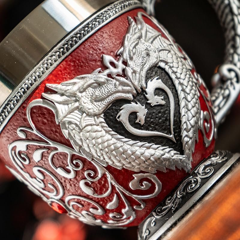 Pacific Giftware Heart-shaped Dragon Tea Cup 8 Floz Resin and Stainless Steel Mug with Silver Dragon Handle Red Accents Ideal for Coffee Tea And Unique Fantasy Themed Decor