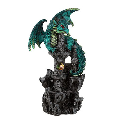 Green Guardian Dragon on Castle Figurine Medieval Mythical Fantasy Decoration
