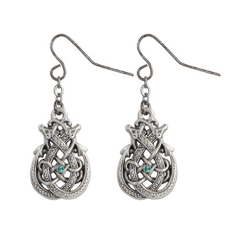 1 X Celtic Dragon with Green Crystal Pewter Earrings Jewelry- Mystica Collection