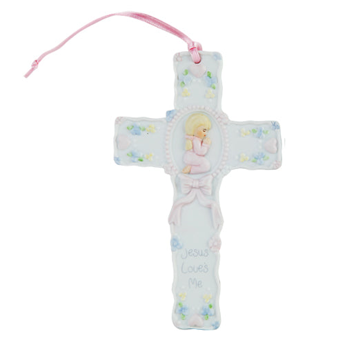 Pacific Giftware Jesus Loves Me Prayer Little Girl Cross Statue Porcelain Bisque Finish Figurine, 5.5" W