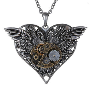 Steampunk Gearwork Angelic Wings Heart Necklace Alloy Pendant Jewelry