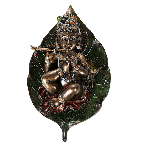 Lord Krishna as Baby Laying On Peepal Banyan Leaf Faux Bronze