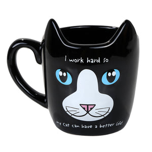 Cute Black Work Hard Cat Coffee Tea Mug " I Work Hard.."