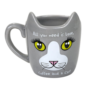 Adorable Grey Cat Coffee Tea Mug "All You Need Is Love, Coffee and A Cat"