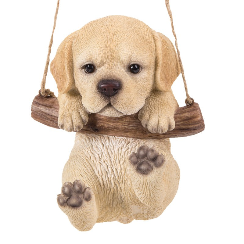 Cuddly Yellow Labrador Pup Hanging on a Branch Swing Playful Puppy Glass Eyes