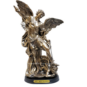 St. Michael Archangel Defeating Satan Wooden Base with Brass Name Plate 12" H