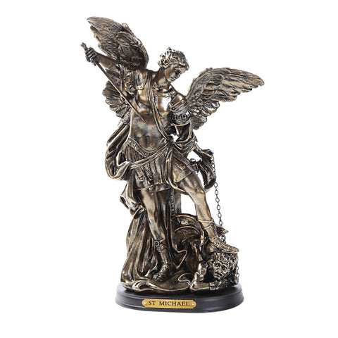 St. Michael Great Protector Archangel Defeating Satan Wooden Base with Brass Name Plate