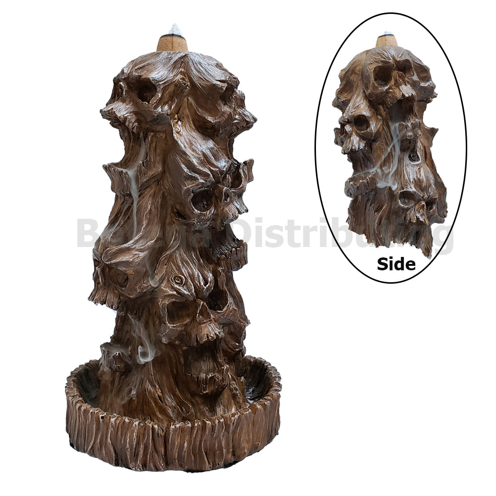 Skull Carved Tree Bark Looking Finish Backflo Cone Incense Burner Holder Resin