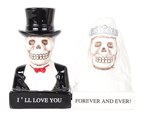 Love Never Dies Bride and Groom Day of the Dead Skeleton Couple Magnetic Salt and Pepper Shakers Gift Box Set Ceramic