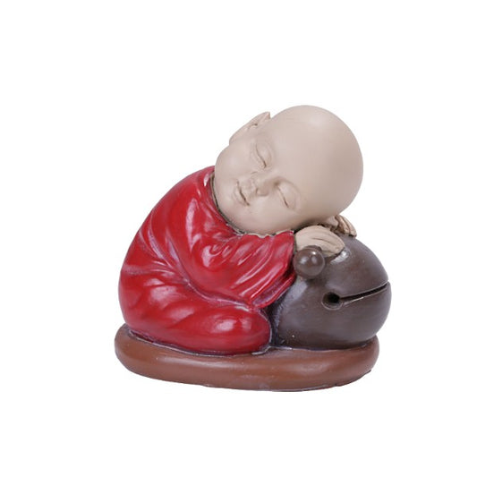 Seated Colorful Joyful Monk Resting on Drum Bell Baby Buddha Resin Figurine