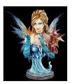 Blue Sorceress Fairy Witch Playing with Fire and Miniature Dragon Bust State Home Decor