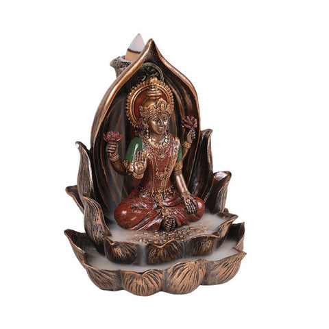 Sacred Hindu Goddess Lakshmi Sitting on Lotus Flower Resin Home Decor Backflow Burner