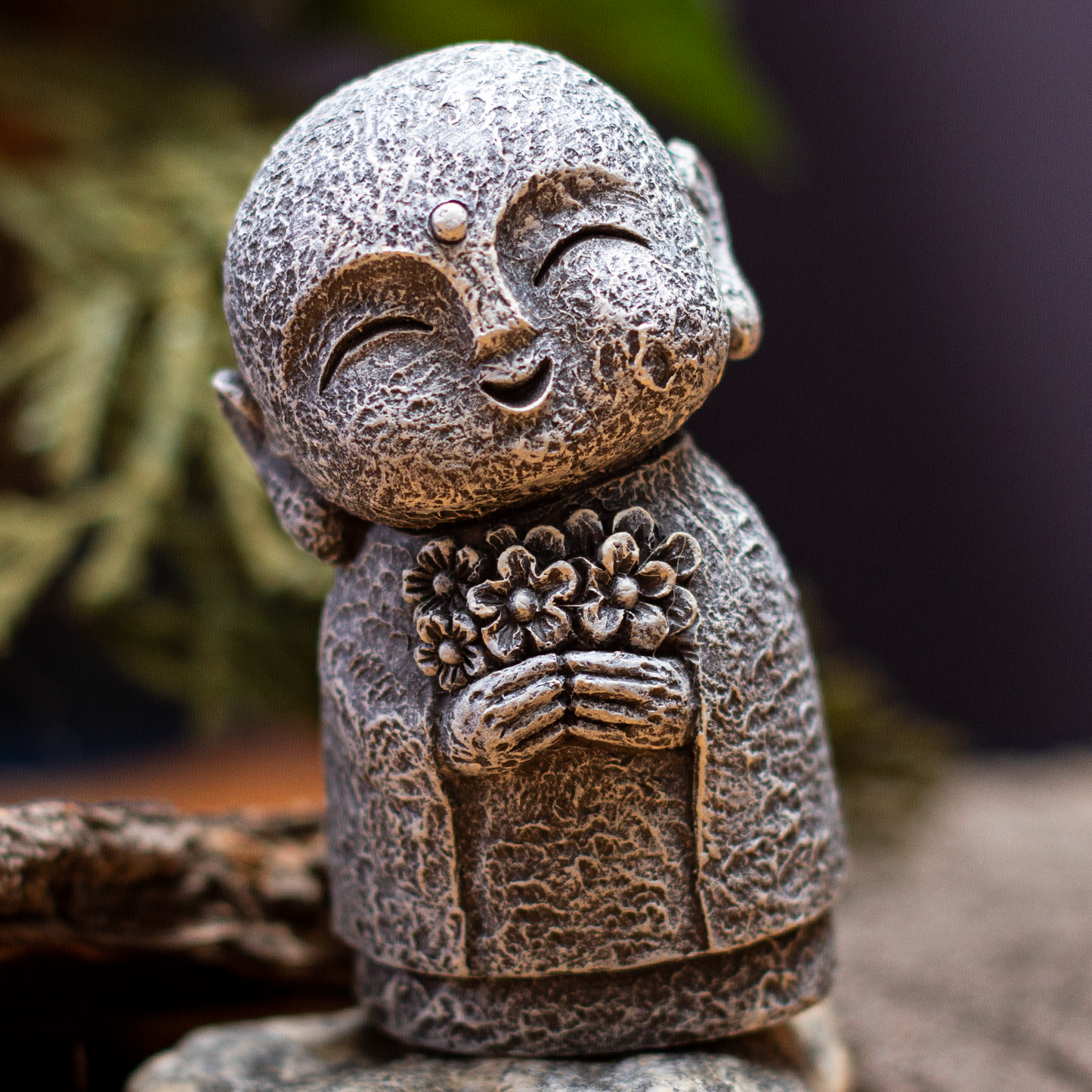Eastern Enlightenment Happy Japanese Jizo Monk Holding a Batch of Flowers Resin Figurine