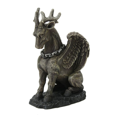 Domesticated Winged Stag Bound By Metal Chain Collar Gargoyle Resin Figurine Statue