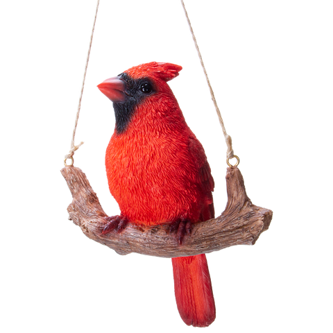Hanging Red Cardinal Bird Perching on Branch Resin Figurine Sculpture