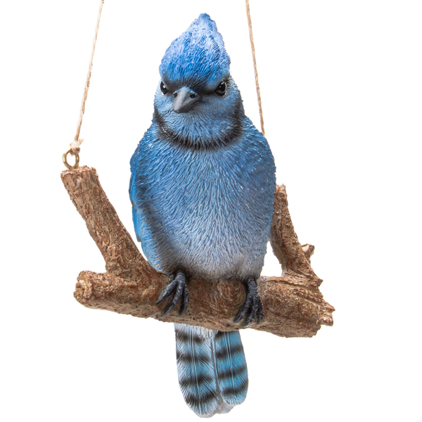 Hanging Blue Jay Bird Perching on Branch Resin Figurine Sculpture