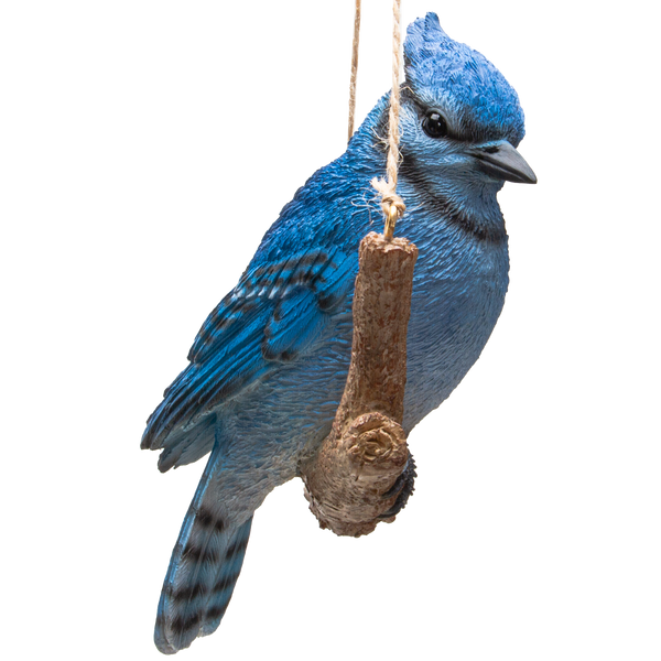 Hanging Blue Jay Bird Perching on Branch Resin Figurine Sculpture