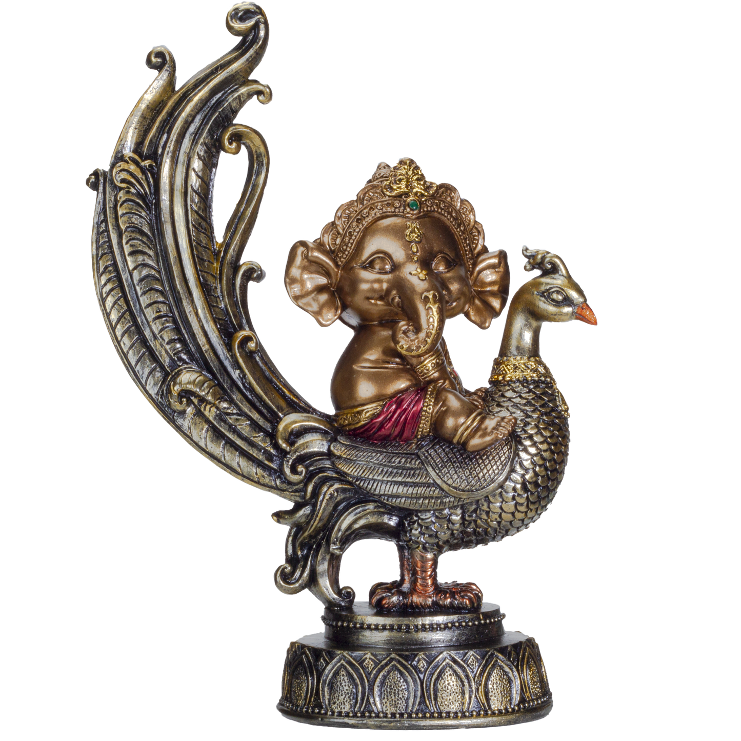 Hindu Elephant God Lord Ganesha on Peacock Lord of Success Resin Figurine Statue