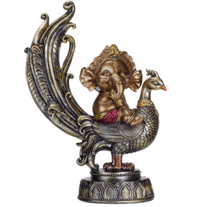 Hindu Elephant God Lord Ganesha on Peacock Lord of Success Resin Figurine Statue