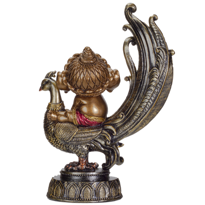 Hindu Elephant God Lord Ganesha on Peacock Lord of Success Resin Figurine Statue