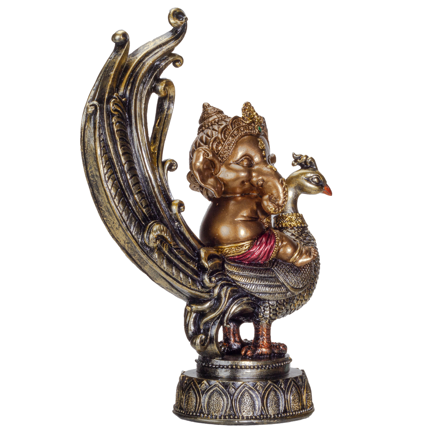 Hindu Elephant God Lord Ganesha on Peacock Lord of Success Resin Figurine Statue