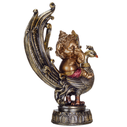 Hindu Elephant God Lord Ganesha on Peacock Lord of Success Resin Figurine Statue