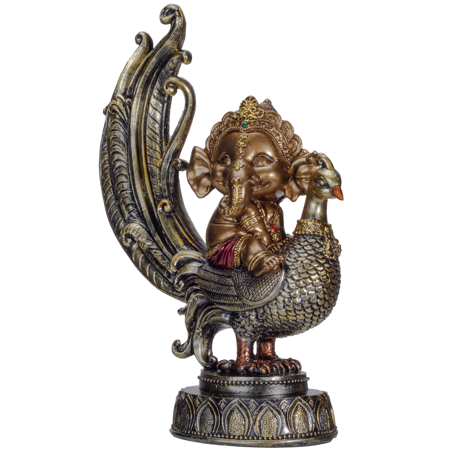Hindu Elephant God Lord Ganesha on Peacock Lord of Success Resin Figurine Statue