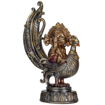 Hindu Elephant God Lord Ganesha on Peacock Lord of Success Resin Figurine Statue