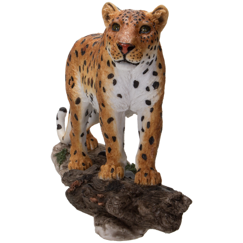 Realistic Big Cat Leopard Perching on Wood Resin Figurine Statue