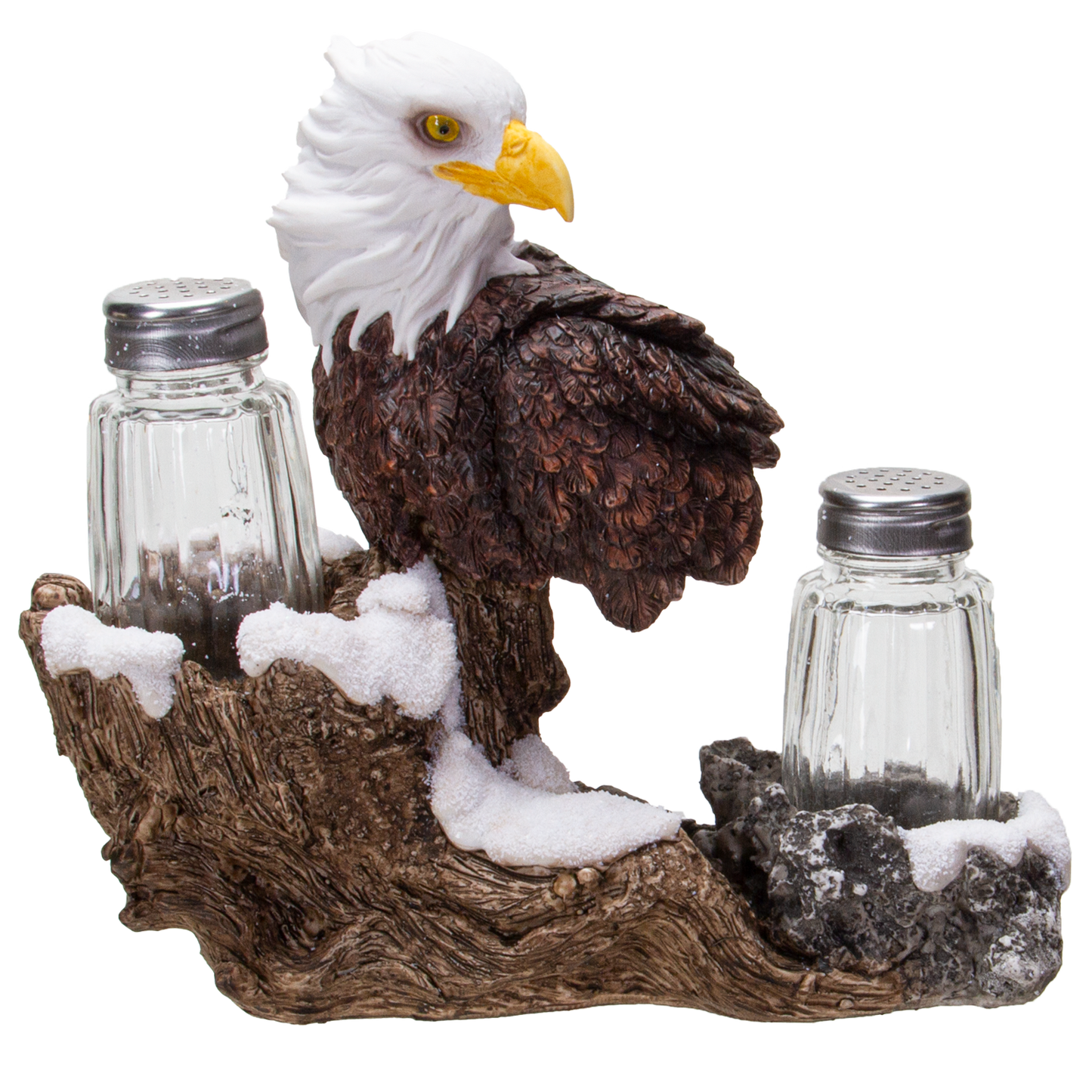 American Bald Sea Eagle Spiritual Realistic Decorative Glass Salt and Pepper Shakers Set with Resin Holder Stand