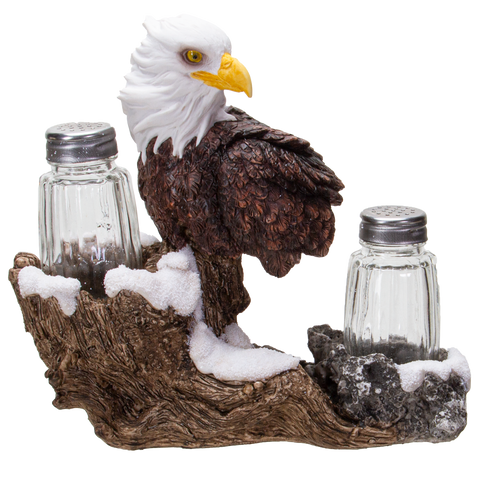 American Bald Sea Eagle Spiritual Realistic Decorative Glass Salt and Pepper Shakers Set with Resin Holder Stand