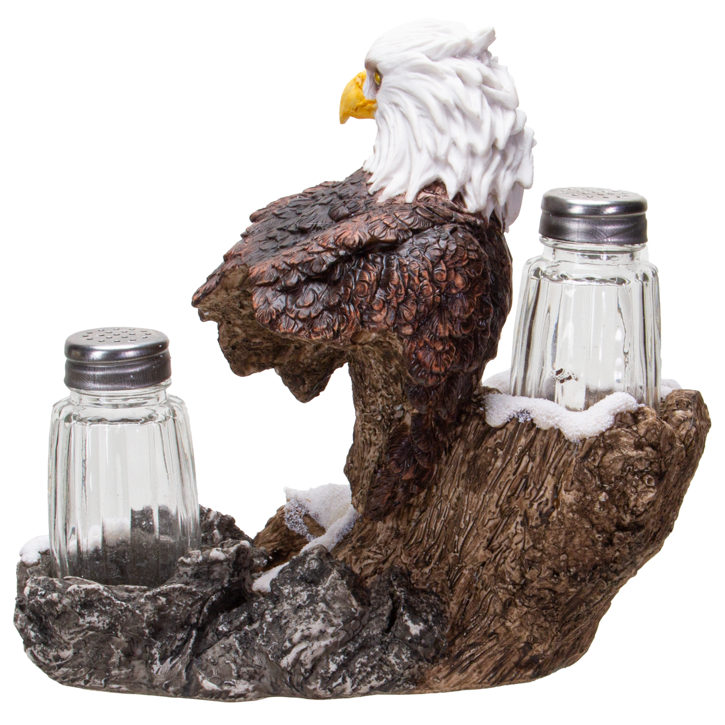 American Bald Sea Eagle Spiritual Realistic Decorative Glass Salt and Pepper Shakers Set with Resin Holder Stand