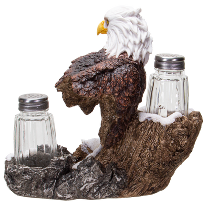 American Bald Sea Eagle Spiritual Realistic Decorative Glass Salt and Pepper Shakers Set with Resin Holder Stand