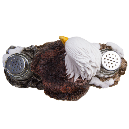 American Bald Sea Eagle Spiritual Realistic Decorative Glass Salt and Pepper Shakers Set with Resin Holder Stand