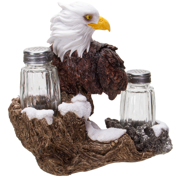 American Bald Sea Eagle Spiritual Realistic Decorative Glass Salt and Pepper Shakers Set with Resin Holder Stand