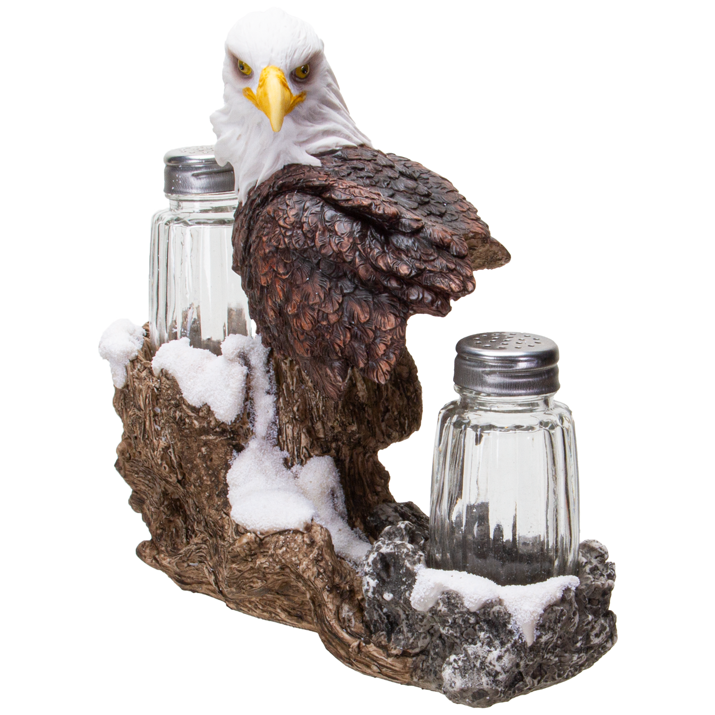 American Bald Sea Eagle Spiritual Realistic Decorative Glass Salt and Pepper Shakers Set with Resin Holder Stand