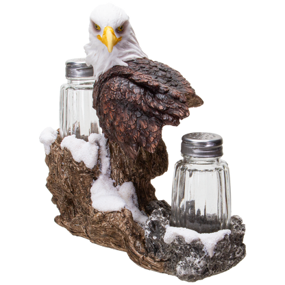 American Bald Sea Eagle Spiritual Realistic Decorative Glass Salt and Pepper Shakers Set with Resin Holder Stand