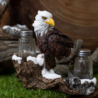 American Bald Sea Eagle Spiritual Realistic Decorative Glass Salt and Pepper Shakers Set with Resin Holder Stand